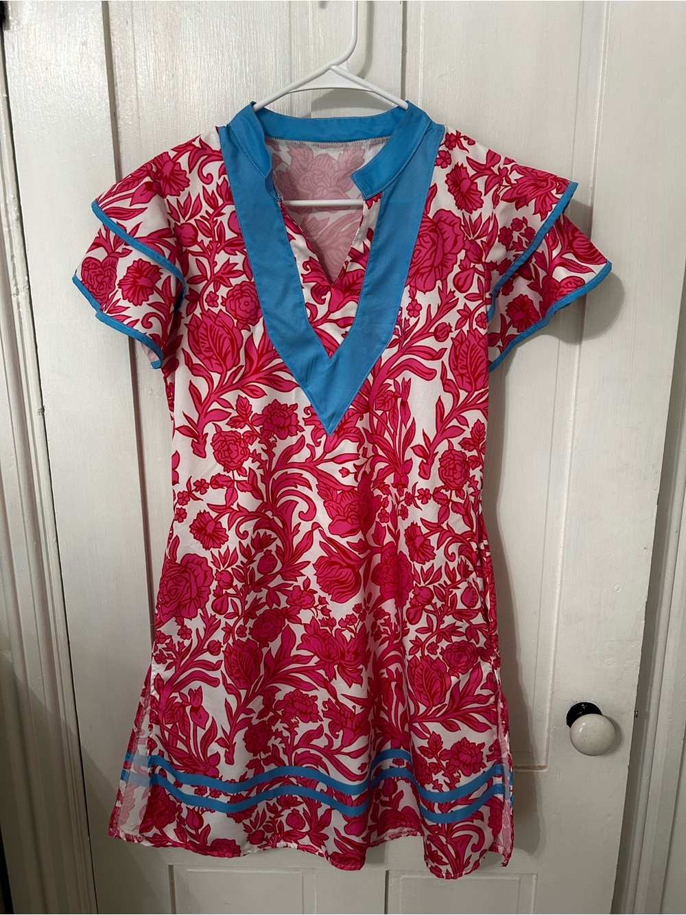 Vibrant Pink Floral Tunic Dress with Turquoise Trim